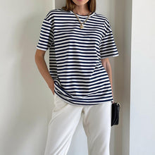 Load image into Gallery viewer, WOTWOY Summer Short Sleeve Striped T-Shirts Women Knitted Basic Casual Tops Female Cozy Loose Cotton Tees 2022 Harajuku Shirt