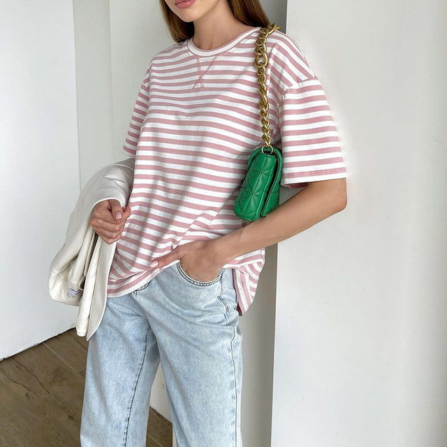 WOTWOY Summer Short Sleeve Striped T-Shirts Women Knitted Basic Casual Tops Female Cozy Loose Cotton Tees 2022 Harajuku Shirt