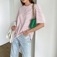 Load image into Gallery viewer, WOTWOY Summer Short Sleeve Striped T-Shirts Women Knitted Basic Casual Tops Female Cozy Loose Cotton Tees 2022 Harajuku Shirt