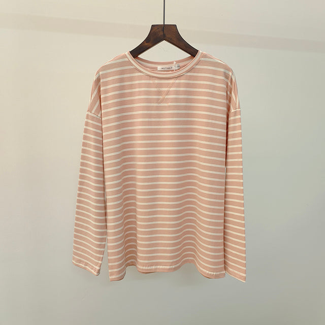 WOTWOY Loose Long Sleeve Striped Tee Shirt Women 2022 Spring O-Neck Casual Cotton T-shirt Female Basic Korean Tops Harajuku Goth