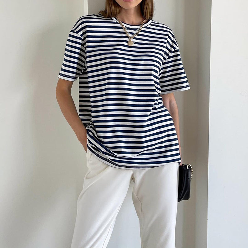 WOTWOY Summer Short Sleeve Striped T-Shirts Women Knitted Basic Casual Tops Female Cozy Loose Cotton Tees 2022 Harajuku Shirt