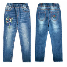 Charger l&#39;image dans la galerie, 4-15T Girls Jeans For Teenage Kids Pants Children Denim Trousers Blue Stretch Embroidery Flowers Teen Clothes Spring Clothing