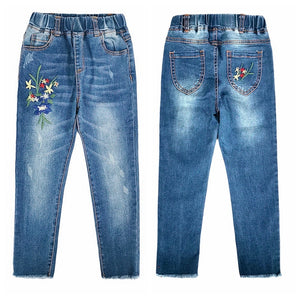 4-15T Girls Jeans For Teenage Kids Pants Children Denim Trousers Blue Stretch Embroidery Flowers Teen Clothes Spring Clothing