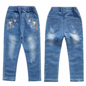 4-15T Girls Jeans For Teenage Kids Pants Children Denim Trousers Blue Stretch Embroidery Flowers Teen Clothes Spring Clothing