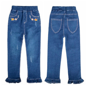 4-15T Girls Jeans For Teenage Kids Pants Children Denim Trousers Blue Stretch Embroidery Flowers Teen Clothes Spring Clothing