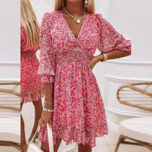 Charger l&#39;image dans la galerie, 2022 Elegant Floral Print Dress Women Summer V Neck Half Sleeve A-Line Mini Dress Female Boho Vacation Party Dresses Vestidos