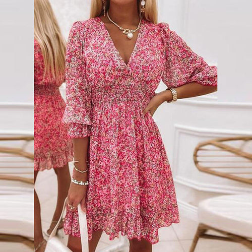 2022 Elegant Floral Print Dress Women Summer V Neck Half Sleeve A-Line Mini Dress Female Boho Vacation Party Dresses Vestidos