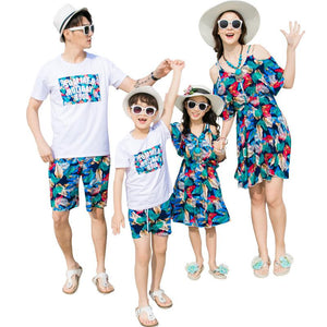 Summer Beach Wear Family Clothing Boy Man White Top Shorts Girl Woman Floral Printed Suspender Dresses Couple Lover Set