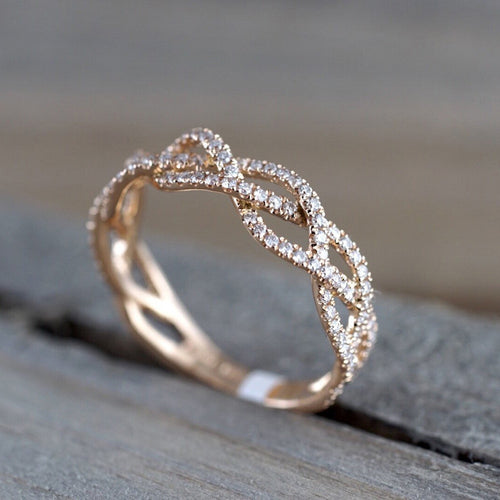 New Rose Gold Zircon Twist Geometric Ring Fashion Lady Luxury Cutout Design Wedding Party Ring Gift